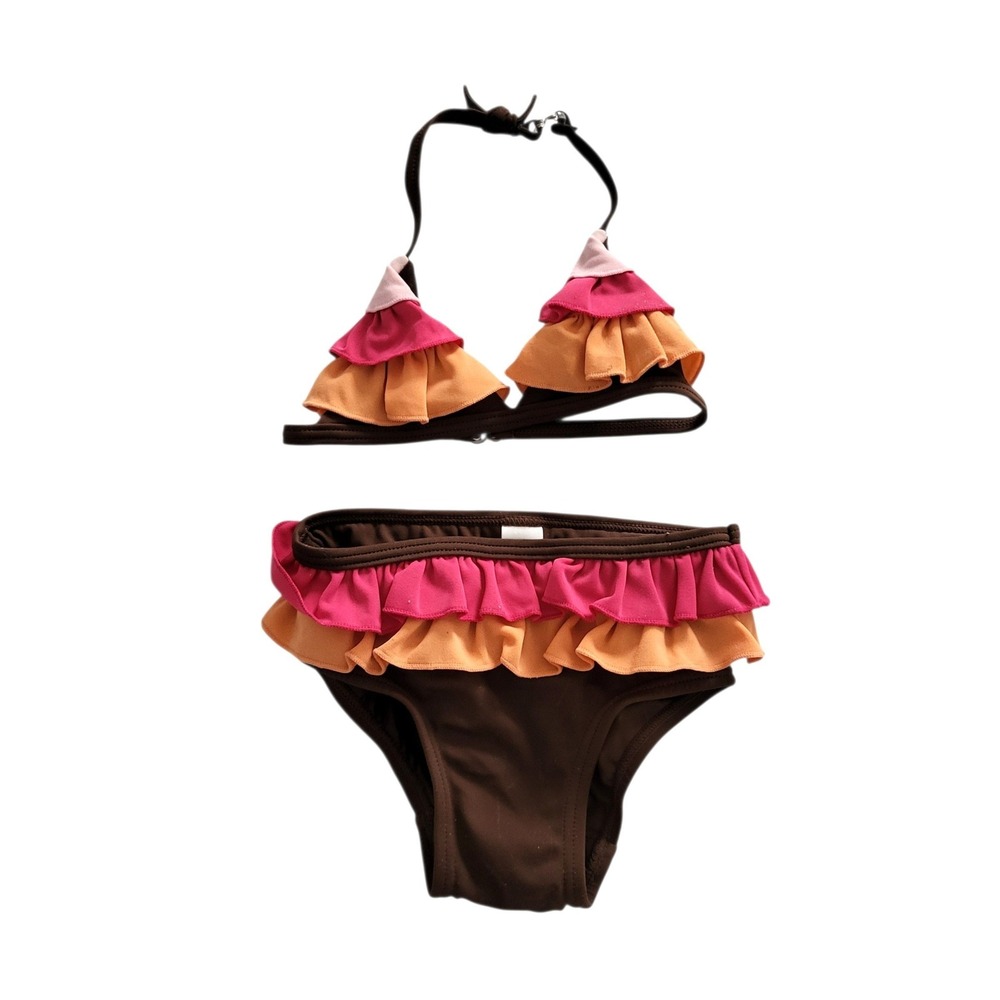 Baby Gap Swimsuit 6-12 Months Girls Bikini‎ Brown Pink Orange 2 pc Set Ruffle